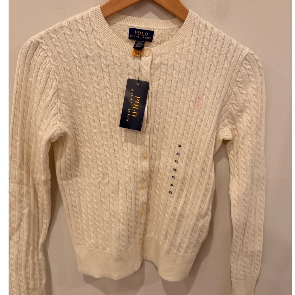 Polo Ralph Lauren Girls XL 16 Cable Knit Cardigan Warm White Pink Pony NWT